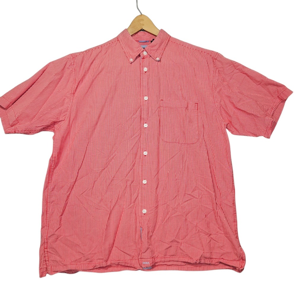 IZOD Button Down Short Sleeve Shirt Red White Gingham Plaid Sz L